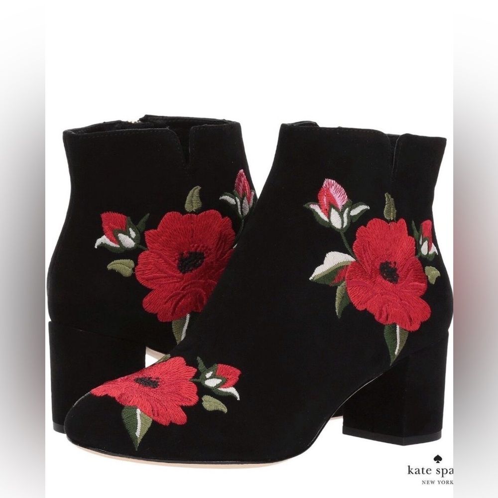 Kate Spade Langton Floral Embroidered Suede Block 2” Heel Almond Toe Booties 8.5